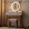 imageCHARMAID Vanity Set with Lighted Mirror 3 Color Touch Screen Dimming Mirror with Display 4 Drawers with Jewelry Organizer Bedroom Makeup Dressing Table with Cushioned Stool