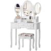 imageCHARMAID Vanity Set with TriFolding Mirror and Cushioned Stool Dressing Table with 7 Drawers and a Shelf Antique Makeup Table with Removable Top Vintage Makeup Vanity Set for Women Girls WhiteWhite