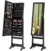 imageGiantex 2 LEDs Standing Jewelry Cabinet with Full Length Mirror Lockable Mirrored Jewelry Armoire with 2 Drawers 4 Adjustable Angles Jewelry Storage Organizer BrownBlack