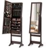 imageGiantex 2 LEDs Standing Jewelry Cabinet with Full Length Mirror Lockable Mirrored Jewelry Armoire with 2 Drawers 4 Adjustable Angles Jewelry Storage Organizer BrownBrown