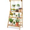 imageGiantex 3Tier Hanging Plant Stand Storage Shelf Folding Flower Pot Organizer Display Storage Rack Adjustable Hanger Rod Bamboo Planters Shelves Potted Holder for Patio Garden Balcony Bathroom