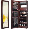 imageGiantex LED Jewelry Cabinet Wall Mounted Door Hanging Lockable Jewelry Armoire with 472 Full Length Mirror Foldable Makeup Tray Lipstick Brush Holders Jewelry Storage Organizer WhiteBrown