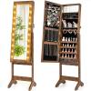 imageGiantex Standing Jewelry Armoire with 18 LED Lights Around the Door Large Storage Mirrored Jewelry Cabinet with Full Length Mirror 16 Lipstick Holders 1 Inside Makeup Mirror WhiteRustic Brown