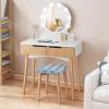 imageGiantex Vanity Set with Round Lighted Mirror Makeup Dressing Table with 8 Light Bulbs and Brightness Adjustable Bedroom Makeup Table with Cushioned Stool and 2 Sliding Drawers WhiteNatural