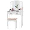 imageGiantex Vanity Set with TriFolding Mirror Makeup Dressing Table with 4 Drawers and Storage Shelf Modern Bedroom Bathroom Makeup Vanity Desk with Cushioned Stool for Girls Women WhiteWhite
