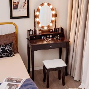 imageCHARMAID LED Vanity Desk with Lighted Mirror 10 Dimming Bulbs 5 Drawers 3 Storage Organizers Makeup Vanity Desk with Stool Bedroom Dressing Table Gift for Girls Women WhiteEspresso