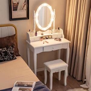 imageCHARMAID LED Vanity Desk with Lighted Mirror 10 Dimming Bulbs 5 Drawers 3 Storage Organizers Makeup Vanity Desk with Stool Bedroom Dressing Table Gift for Girls Women WhiteWhite