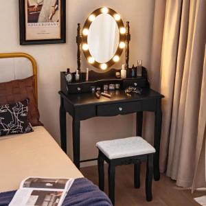 imageCHARMAID LED Vanity Desk with Lighted Mirror 10 Dimming Bulbs 5 Drawers 3 Storage Organizers Makeup Vanity Desk with Stool Bedroom Dressing Table Gift for Girls Women WhiteBlack