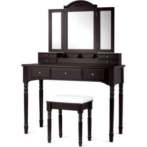 imageCHARMAID Makeup Vanity Desk with Lights and Mirror TriFolding Lighted Mirror with 3 Color Modes Vanity Table Set with 6 Drawers 12 Storage Compartments ampamp Cushioned Stool for Bedroom BlackEspresso
