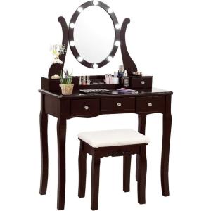 imageCHARMAID Vanity Desk with Mirror and Lights Makeup Vanity Table with 5 Storage Drawers 3 Color Lighting Modes Adjustable Brightness Modern Bedroom Dressing Table with Vanity Stool EspressoEspresso