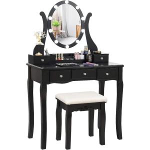 imageCHARMAID Vanity Desk with Mirror and Lights Makeup Vanity Table with 5 Storage Drawers 3 Color Lighting Modes Adjustable Brightness Modern Bedroom Dressing Table with Vanity Stool EspressoBlack