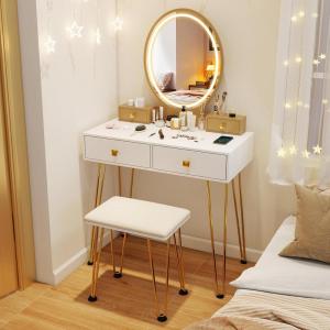 imageCHARMAID Vanity Desk with Mirror and Lights White Makeup Vanity Table with 4 Drawers Charging Station 3Color Lighted Mirror Modern Girls Dressing Table with Stool for Small BedroomWhite