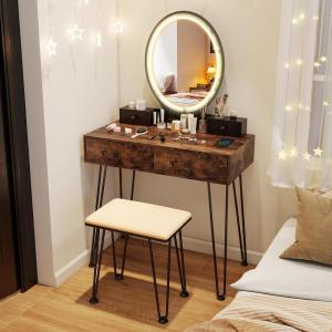imageCHARMAID Vanity Desk with Mirror and Lights White Makeup Vanity Table with 4 Drawers Charging Station 3Color Lighted Mirror Modern Girls Dressing Table with Stool for Small BedroomRustic Brown