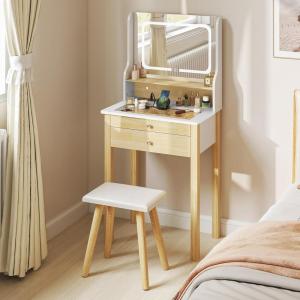imageCHARMAID Vanity Set with 3 Drawers 25inch Vanity Desk with Large Mirror and Cushioned Stool Ideal for Small Place Apartment Unique Chic Design Makeup Table Set for Women Girls 3 DrawersWith Lights