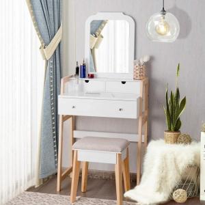 imageCHARMAID Vanity Set with 3 Drawers 25inch Vanity Desk with Large Mirror and Cushioned Stool Ideal for Small Place Apartment Unique Chic Design Makeup Table Set for Women Girls 3 DrawersNo Lights