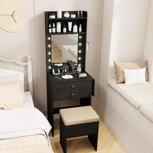 imageCHARMAID Vanity Table Set with Lighted Mirror 8 Bulbs Large Drawer Tabletop Storage Shelf Modern Bedroom Vanity Desk Makeup Dressing Table with Cushioned Stool for Girls Women BlackBlack