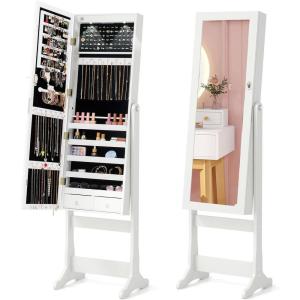 imageGiantex 2 LEDs Standing Jewelry Cabinet with Full Length Mirror Lockable Mirrored Jewelry Armoire with 2 Drawers 4 Adjustable Angles Jewelry Storage Organizer BrownWhite