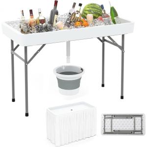 imageGiantex 4 FT Folding Ice Cooler Table for Parties with Drain No Assembly Ice Bin Table with Removable Matching Skit Portable Fill and Chill Table for Cooling Food Beverage Picnic BBQ TailgatingWhite