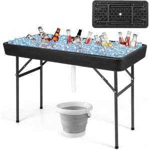 imageGiantex 4 FT Folding Ice Cooler Table for Parties with Drain No Assembly Ice Bin Table with Removable Matching Skit Portable Fill and Chill Table for Cooling Food Beverage Picnic BBQ TailgatingBlack