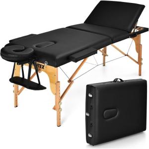 imageGiantex 84inch Folding Massage Table Lash Bed Portable 3 Sections Spa Salon Tattoo Bed with Face Cradle Armrests Wooden Legs Professional Massage Bed Height Adjustable with Carry Case BlackBlack