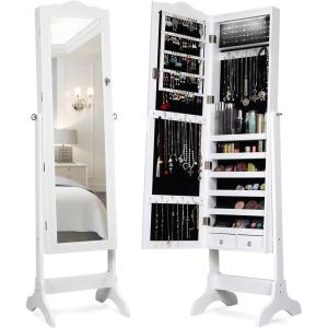 imageGiantex Jewelry Armoire Organizer with Full Length Mirror 14 LEDs Floor Standing Jewelry Cabinet with 2 Drawers 4 Adjustable Angles Lockable Jewelry Storage Box Cabinet BrownWhite