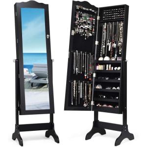 imageGiantex Jewelry Armoire Organizer with Full Length Mirror 14 LEDs Floor Standing Jewelry Cabinet with 2 Drawers 4 Adjustable Angles Lockable Jewelry Storage Box Cabinet BrownBlack