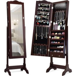 imageGiantex Jewelry Armoire Organizer with Full Length Mirror 14 LEDs Floor Standing Jewelry Cabinet with 2 Drawers 4 Adjustable Angles Lockable Jewelry Storage Box Cabinet BrownBrown