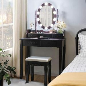 imageGiantex Makeup Vanity Table with 10 LED Lights Adjustable Brightness 4 Drawers Rotatable Mirror Cushioned Stool Vanity Desk Dressing Table Bedroom Furniture BlackEspresso