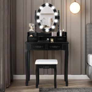 imageGiantex Makeup Vanity Table with 10 LED Lights Adjustable Brightness 4 Drawers Rotatable Mirror Cushioned Stool Vanity Desk Dressing Table Bedroom Furniture BlackBlack