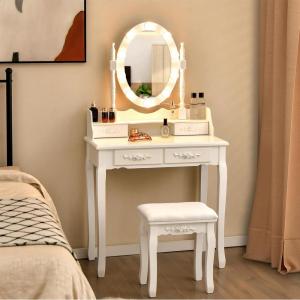 imageGiantex Makeup Vanity Table with 10 LED Lights Adjustable Brightness 4 Drawers Rotatable Mirror Cushioned Stool Vanity Desk Dressing Table Bedroom Furniture BlackWhite