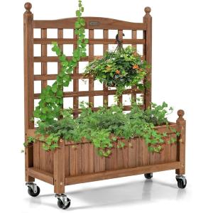 imageGiantex Mobile Plant Raised Bed Wood Planter with Lattice Trellis and Wheels Flower Box for Plant Climbing Vertical Garden for Balcony Patio Yard 25quotx11quotx 50quot1