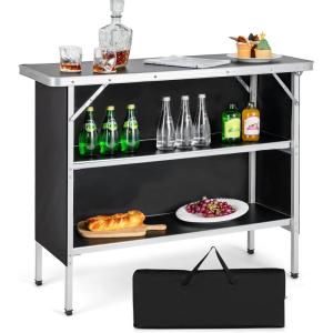 imageGiantex Portable Bar Table for Events Folding Mobile Bartending Station with Storage Shelves Removable Privacy Skirt Carrying Case for Parties Catering Trade Shows Coffee 435L x 345HBlack