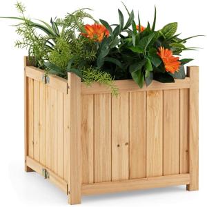 imageGiantex Raised Garden Bed Folding Wood Planter for Vegetable Flower Outdoor Elevated Planting Boxes Folding Plant Container Patio Lawn Garden Backyard Easy Assembly 15quot Lx15 Wx14 HNatural