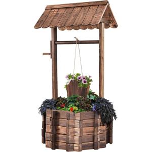 imageGiantex Rustic Wooden Wishing Well Planter with Hanging Bucket and Roof Flower Plants Planter Wishing Wells for Outdoors Backyard Patio Garden Lawn Outside Decor