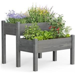 imageGiantex Set of 2 Raised Garden Bed Elevated Wood Planter Box Raised Bed Kit for Flowers Vegetables Fruits Herbs Outdoor Planting Container Patio Balcony Yard NaturalGray