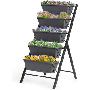 imageGiantex Set of 2 Vertical Raised Garden Bed Elevated Planter Raised Beds with Water Drainage Freestanding 5 Container Boxes for Vegetables and Flowers Growing Outdoor Indoor Patio BalconyGray