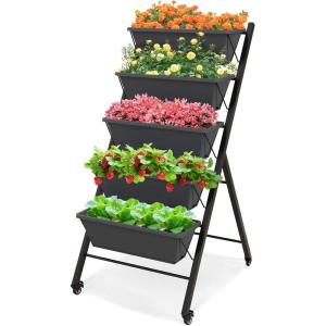 imageGiantex Set of 2 Vertical Raised Garden Bed Elevated Planter Raised Beds with Water Drainage Freestanding 5 Container Boxes for Vegetables and Flowers Growing Outdoor Indoor Patio BalconyDark Gray Wheels