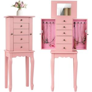 imageGiantex Standing Jewelry Armoire Cabinet with 4 Drawers Flip Top Mirror Top Storage Compartments 2 Side Doors with 8 Necklace Hooks Freestanding Jewelry Organizer Box Chest BlackPink