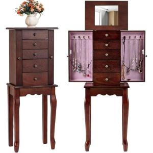 imageGiantex Standing Jewelry Armoire Cabinet with 4 Drawers Flip Top Mirror Top Storage Compartments 2 Side Doors with 8 Necklace Hooks Freestanding Jewelry Organizer Box Chest BlackWalnut