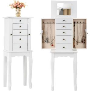 imageGiantex Standing Jewelry Armoire Cabinet with 4 Drawers Flip Top Mirror Top Storage Compartments 2 Side Doors with 8 Necklace Hooks Freestanding Jewelry Organizer Box Chest BlackWhite