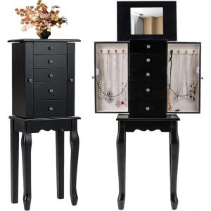 imageGiantex Standing Jewelry Armoire Cabinet with 4 Drawers Flip Top Mirror Top Storage Compartments 2 Side Doors with 8 Necklace Hooks Freestanding Jewelry Organizer Box Chest BlackBlack