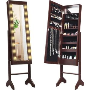 imageGiantex Standing Jewelry Armoire with 18 LED Lights Around the Door Large Storage Mirrored Jewelry Cabinet with Full Length Mirror 16 Lipstick Holders 1 Inside Makeup Mirror WhiteBrown