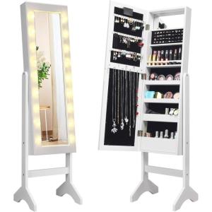 imageGiantex Standing Jewelry Armoire with 18 LED Lights Around the Door Large Storage Mirrored Jewelry Cabinet with Full Length Mirror 16 Lipstick Holders 1 Inside Makeup Mirror WhiteWhite