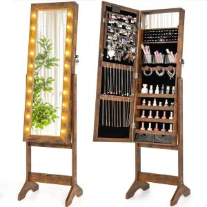 imageGiantex Standing Jewelry Armoire with 18 LED Lights Around the Door Large Storage Mirrored Jewelry Cabinet with Full Length Mirror 16 Lipstick Holders 1 Inside Makeup Mirror WhiteRustic Brown