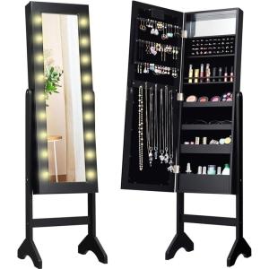 imageGiantex Standing Jewelry Armoire with 18 LED Lights Around the Door Large Storage Mirrored Jewelry Cabinet with Full Length Mirror 16 Lipstick Holders 1 Inside Makeup Mirror WhiteBlack