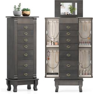 imageGiantex Standing Jewelry Cabinet with 7 Drawers FlipTop Mirror 2 Side Doors with 12 Necklace Hooks Divided Ring Compartments VelvetLined Jewelry Armoire Organizer Chest CherryWeathered Gray