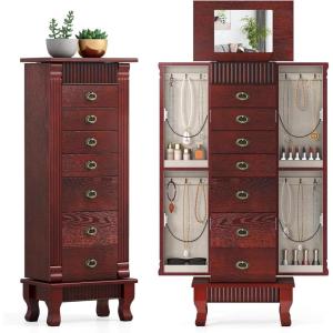 imageGiantex Standing Jewelry Cabinet with 7 Drawers FlipTop Mirror 2 Side Doors with 12 Necklace Hooks Divided Ring Compartments VelvetLined Jewelry Armoire Organizer Chest CherryCherry