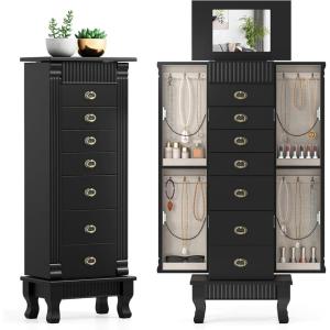 imageGiantex Standing Jewelry Cabinet with 7 Drawers FlipTop Mirror 2 Side Doors with 12 Necklace Hooks Divided Ring Compartments VelvetLined Jewelry Armoire Organizer Chest CherryBlack