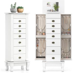 imageGiantex Standing Jewelry Cabinet with 7 Drawers FlipTop Mirror 2 Side Doors with 12 Necklace Hooks Divided Ring Compartments VelvetLined Jewelry Armoire Organizer Chest CherryWhite
