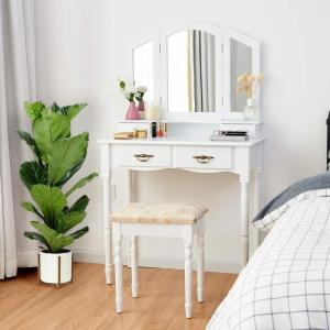 imageGiantex Vanity Set Makeup Table with Stool Dressing Tables with 4 Drawers TriFolding Mirror Large Mirrored Room Vanity Desk for Bedroom Bathroom Padded Seat Chair Vanities White